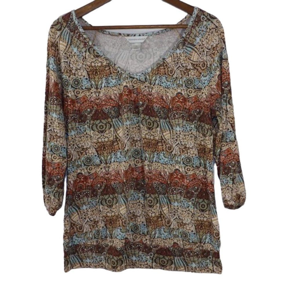 Christopher & Banks Earthtones Tribal Print Tunic Scoop Neck 3/4 Sleeve Stretch